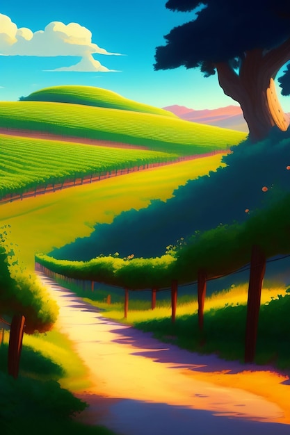 Free photo a painting of a road leading to a vineyard.