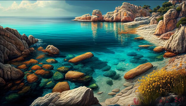 Картина скалистого берега со скалами и морем и солнцем, сияющим на воде.