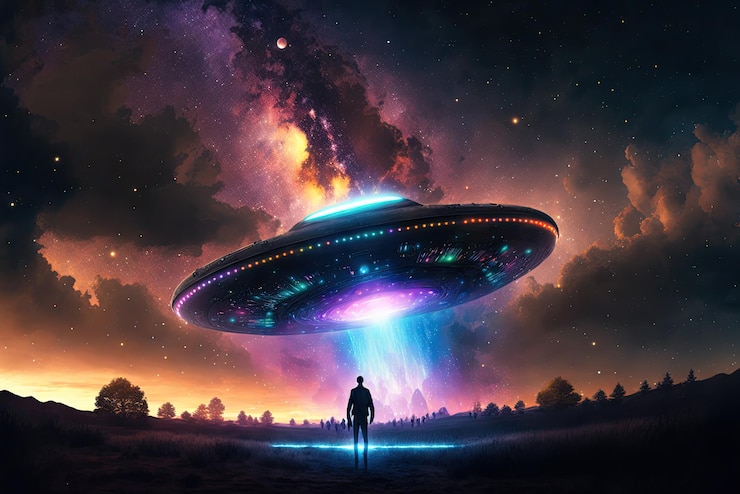 Free Photo a painting of a spaceship being lifted up by a galaxy