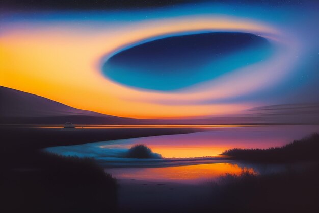 A painting of a sunset with a large circular cloud formation over the horizon.