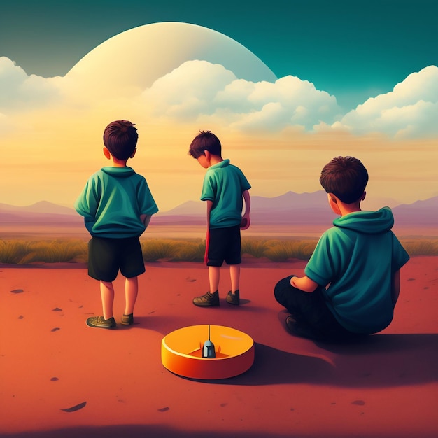 Free photo a painting of three boys in front of a moon.