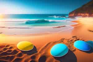 Foto gratuita un dipinto di tre cerchi sulla spiaggia con l'oceano sullo sfondo.