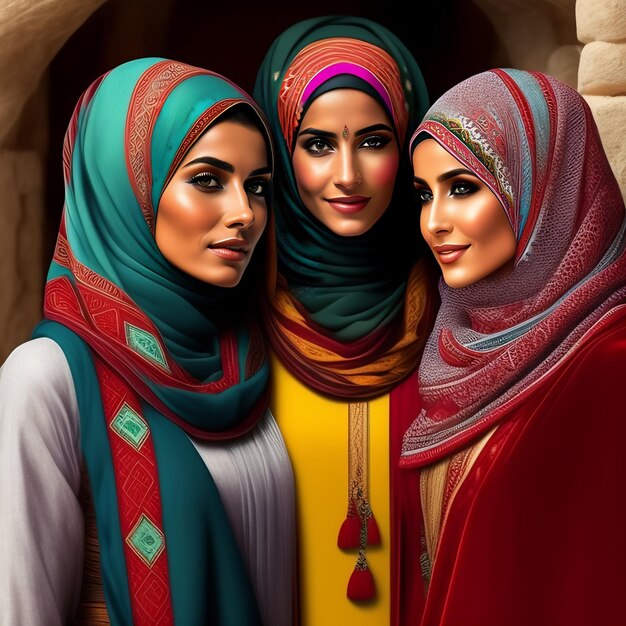 ヒジャブと赤と青のスカーフを身に着けた 3 人の女性の絵。