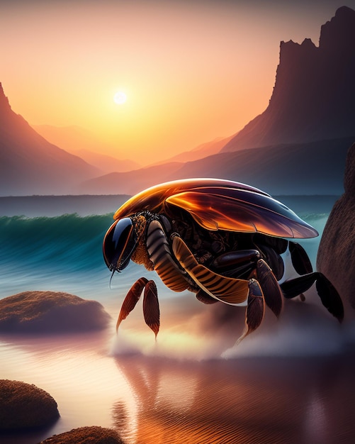Free photo a painting of a turtle on a beach with a sunset in the background.