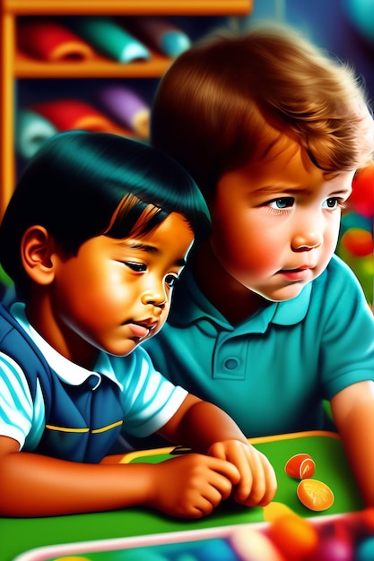 Un dipinto di due bambini con uno che indossa una maglietta blu e l'altro che indossa una maglietta blu.