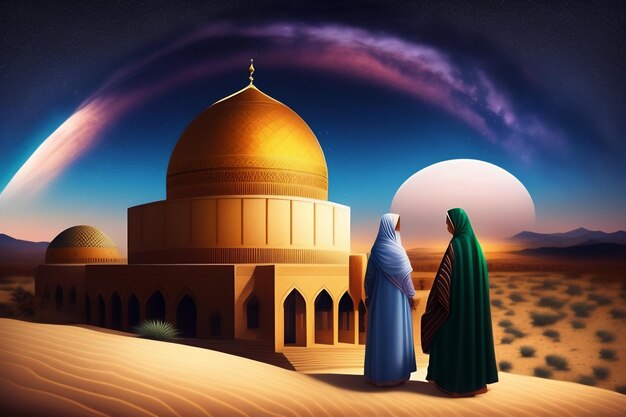 モスクのドームの前にいる 2 人の女性の絵。
