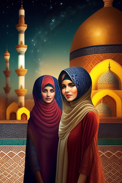 A painting of two women in front of a dome.