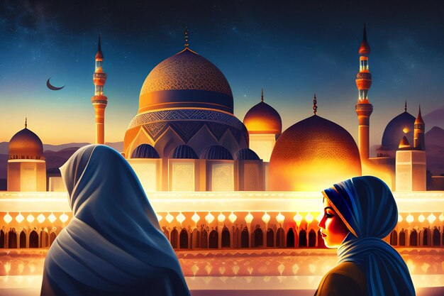 A painting of two women in front of a mosque
