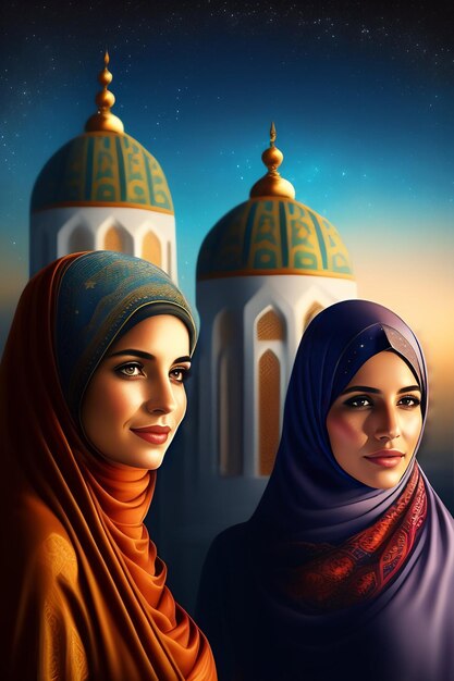 A painting of two women in hijab and one of them is titled'the holy month '