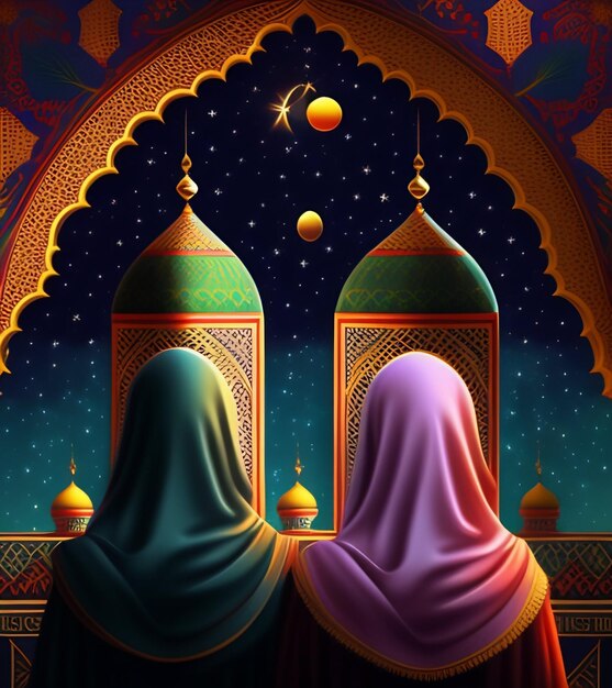 A painting of two women looking at the moon and the sky.