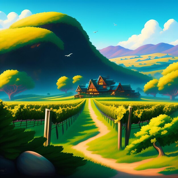 A painting of a vineyard with a house in the background.