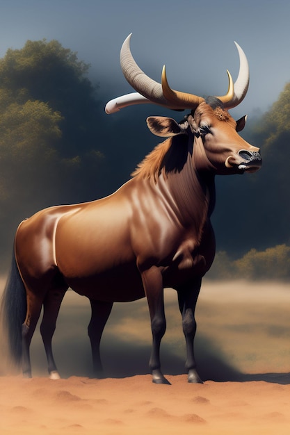 Free photo a painting of a wildebeest with a dark background.