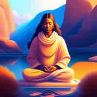 Free photo a painting of a woman meditating in front of a mountain.