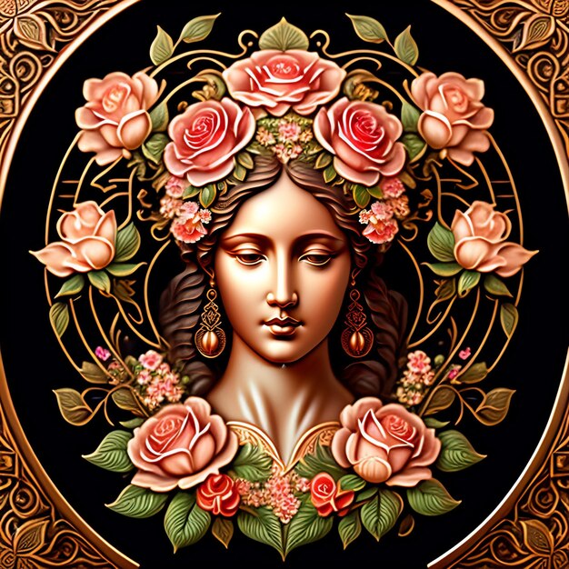 A painting of a woman with roses on her head