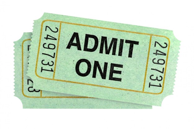 pair of admit one tickets isolated on white background.