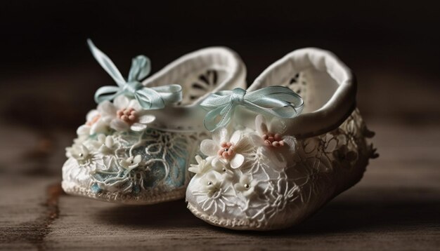 A pair of baby shoes with flowers on them