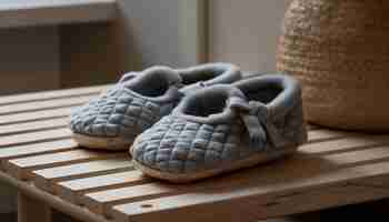 Free photo a pair of baby shoes on a wooden crate