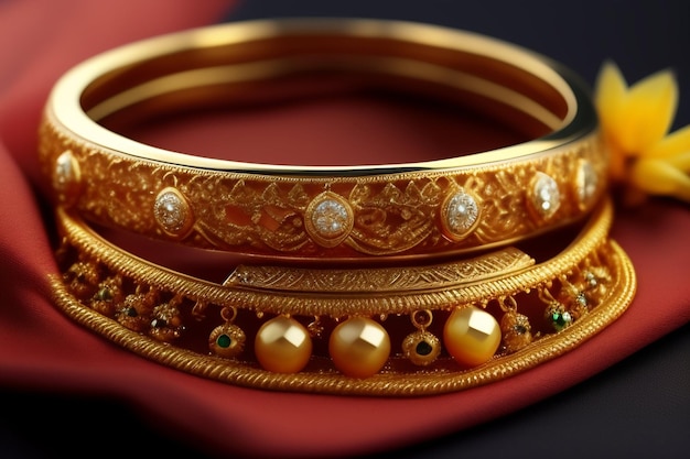 Free photo a pair of gold bangles with diamonds on the side