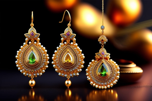 Free photo a pair of gold earrings with green stones and a black background