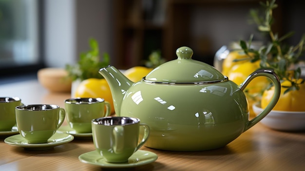 Free photo pair of green ceramic teapots sits on a wooden counter in a bright contemporary kitchen