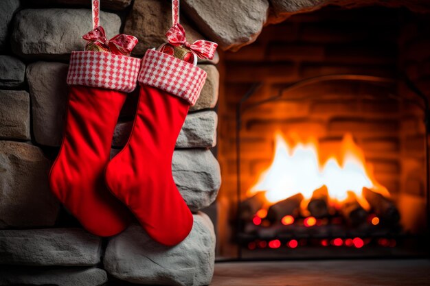 A pair of red Christmas stockings hanging by a fireplace on Christmas Eve