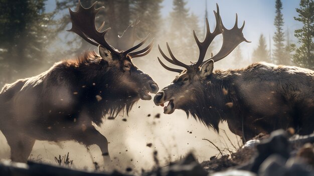 Pair of wild elks fighting each other in nature