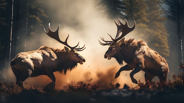 Pair of wild elks fighting each other in nature