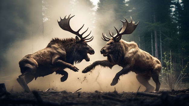 Free photo pair of wild elks fighting each other in nature