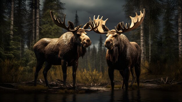 Pair of wild elks in nature