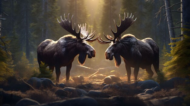 Pair of wild elks in nature