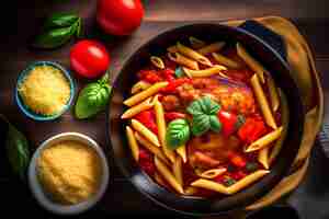 Free photo a pan of pasta with tomato sauce and basil on top.