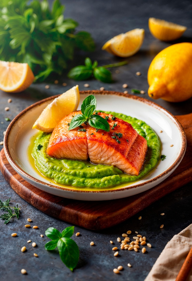 Free Photo pan-seared salmon with pea puree