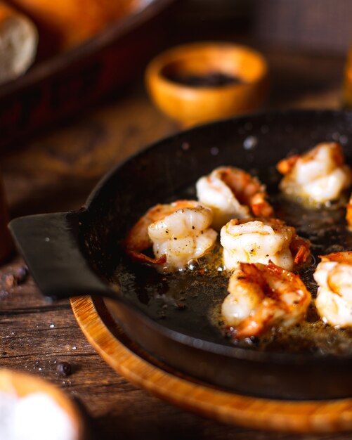 Pan with fried shrimps