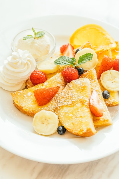 Pancake and Bread toast with mixed fruit