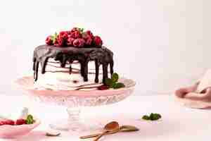 Free photo pancake chocolate cake with fresh raspberries on a pink background