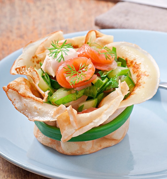 Pancakes tarts with salmon