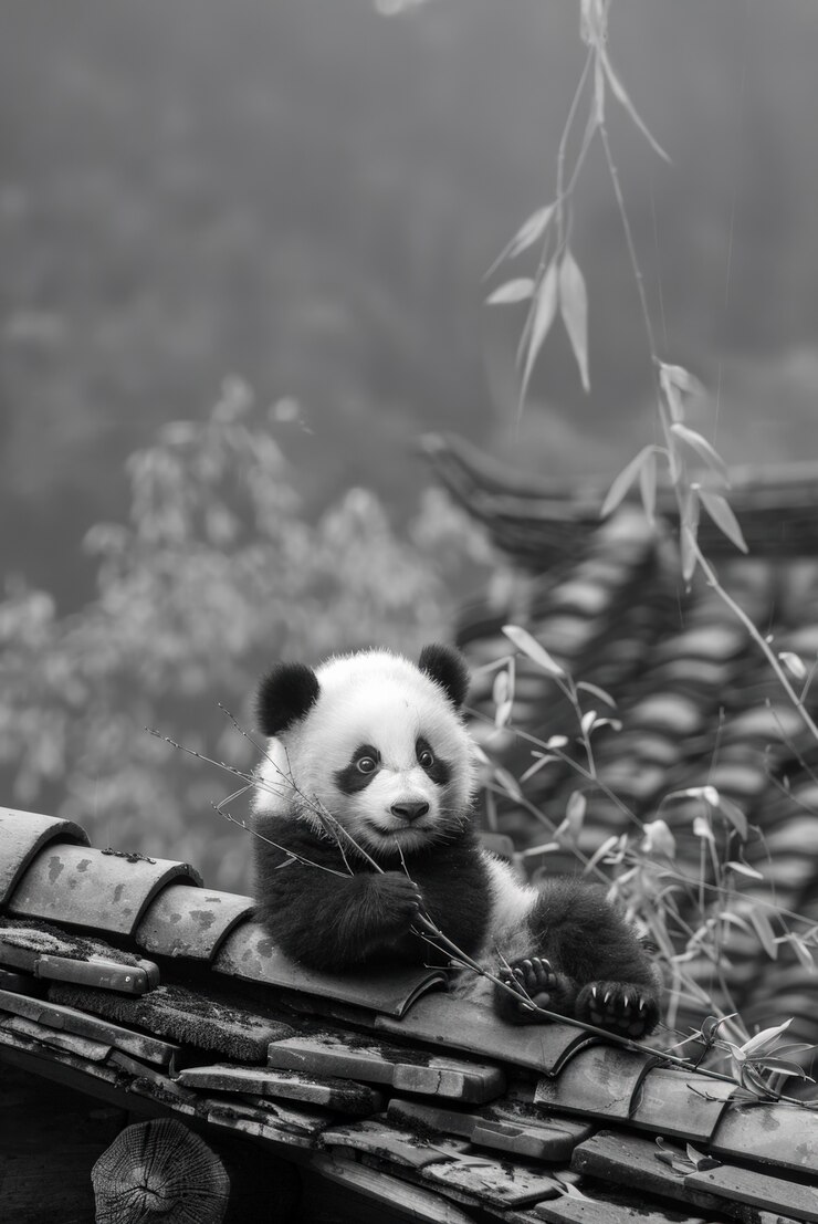 Free Photo panda bear portrait in black and white