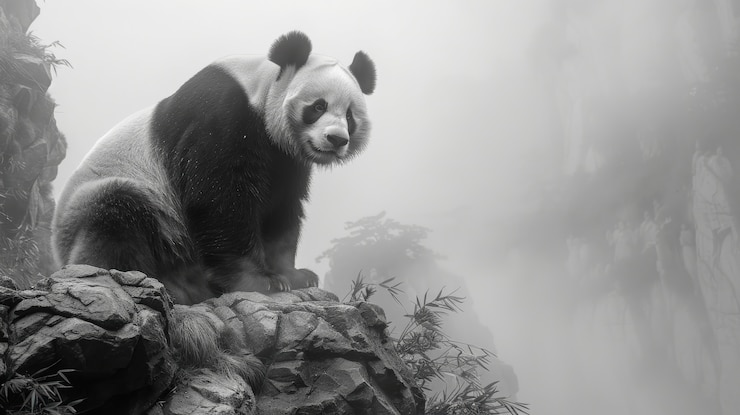 Free Photo panda bear portrait in black and white