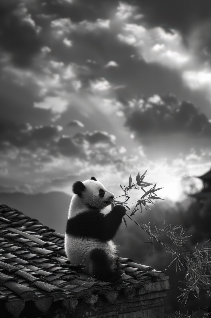 Free Photo panda bear portrait in black and white