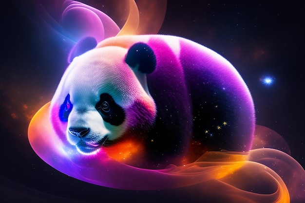 Free photo a panda is lying on a black background with a colorful background.