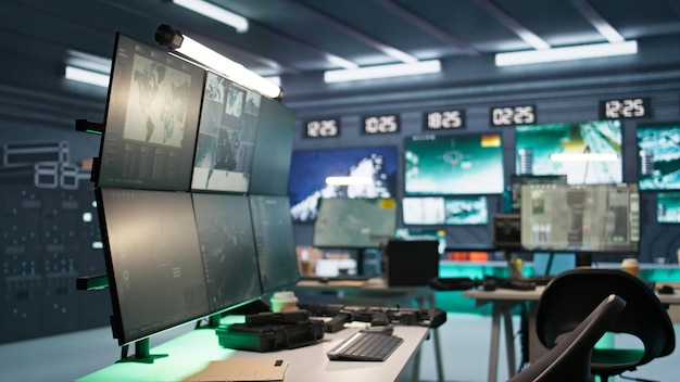 Panning shot of armed forces headquarters used for tracking rockets