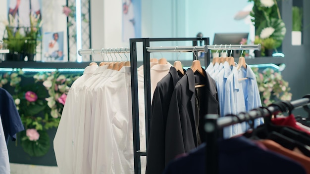 Free photo panning shot of empty luxurious fashion boutique with elegant clothes on racks clothing store selling high street men blazers and shirts on hangers for special occasions