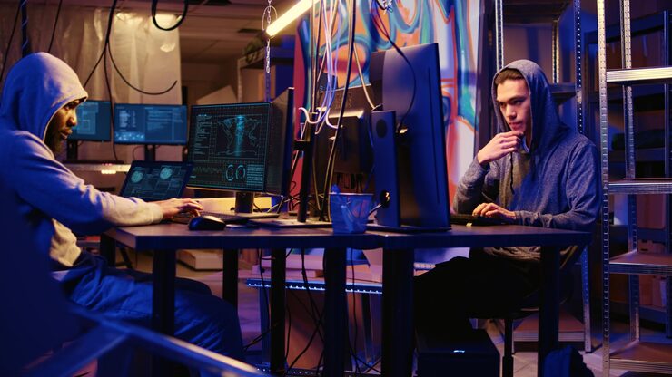 Free Photo panning shot of hackers working hard on writing lines of code on hideout computers trying all methods of getting past security systems professional scammers building scripts that can hack devices