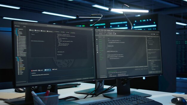 Panning shot of PCs used by admins ensuring compliance with regulations
