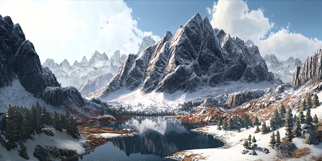 Panorama of a colored mountain landscape with the snow covered mountains generative ai