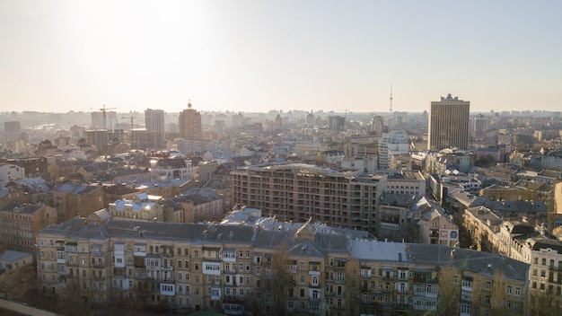 Panorama of Kyiv city center business cityscape of Kiev Ukraine Old and modern architecture in capital city of Ukraine beautiful landscape of Kiev city center Drone photo