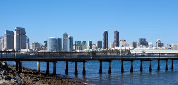 Panorama of a pier in San Diego with cityscape 