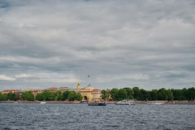 Panorama of St Petersburg Russia city Admiralty view from the side of Vasilyevsky Island across the Neva River Panorama with buildings of St Petersburg Russian architecture Tour in Russia