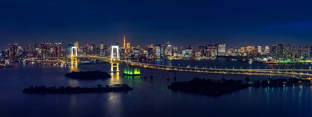 밤에 도쿄 도시 풍경과 무지개 다리의 파노라마.