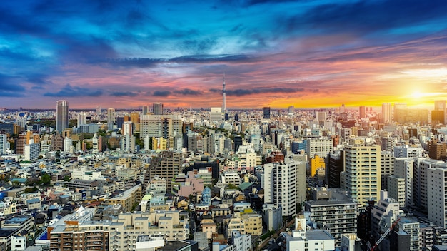 Панорама городского пейзажа Токио на закате в Японии.